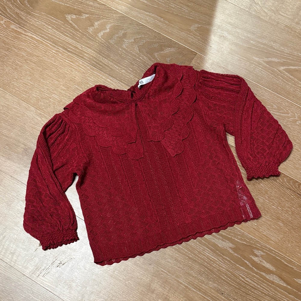 NWOT Zara Deep Red Lace Textured 3/4 Length Sleeve Top